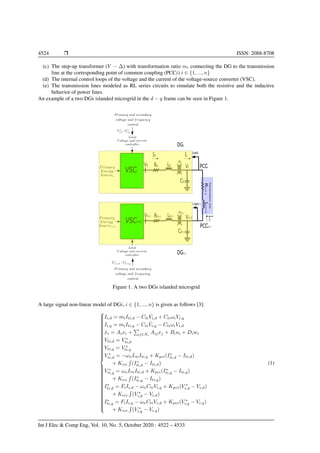 4524 Ì ISSN: 2088-8708
(c) The step-up transformer (Y − ∆) with transformation ratio mi connecting the DG to the transmission
line at the corresponding point of common coupling (PCCi) i ∈ {1, ..., n}
(d) The internal control loops of the voltage and the current of the voltage-source converter (VSC).
(e) The transmission lines modeled as RL series circuits to simulate both the resistive and the inductive
behavior of power lines.
An example of a two DGs islanded microgrid in the d − q frame can be seen in Figure 1.
Ii
VSCi
RtiVti Lti
Iti
mi
Cti
Loadi
Ri,i+1Li,i+1
Vi
VSCi+1
Rti+1Vti+1 Lti+1
Ii,i+1
mi+1
Cti+1
Loadi+1
Vi+1
DGi+1
DGi
PCCi
PCCi+1
Transmissionline
Figure 1. A two DGs islanded microgrid
A large signal non-linear model of DGi, i ∈ {1, ..., n} is given as follows [3]:



Ii,d = miIti,d − Cti
˙Vi,d + CtiωiVi,q
Ii,q = miIti,q − Cti
˙Vi,q − CtiωiVi,d
˙xi = Aixi + j∈Ni
Aijxj + Biui + Diwi
Vti,d = V ∗
ti,d
Vti,q = V ∗
ti,q
V ∗
ti,d = −ωnLtiIti,q + Kpci(I∗
ti,d − Iti,d)
+ Kici (I∗
ti,d − Iti,d)
V ∗
ti,q = ωnLtiIti,d + Kpci(I∗
ti,q − Iti,q)
+ Kici (I∗
ti,q − Iti,q)
I∗
ti,d = FiIi,d − ωnCtiVi,q + Kpvi(V ∗
i,d − Vi,d)
+ Kivi (V ∗
i,d − Vi,d)
I∗
ti,q = FiIi,q − ωnCtiVi,d + Kpvi(V ∗
i,q − Vi,q)
+ Kivi (V ∗
i,q − Vi,q)
(1)
Int J Elec & Comp Eng, Vol. 10, No. 5, October 2020 : 4522 – 4533
 