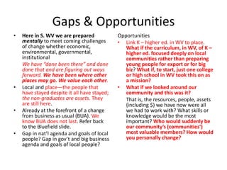 Gaps & OpportunitiesHere in S. WV we are prepared mentallyto meet coming challenges of change whether economic, environmental, governmental, institutionalWe have “done been there” and done done that and are figuring out ways forward. We have been where other places may go. We value each other.Local and place—the people that have stayed despite it all have stayed; the non-graduates are assets. They are still here.Already at the forefront of a change from business as usual (BUA). We know BUA does not last. Refer back to the Bluefield slide.Gap in nat’l agenda and goals of local people? Gap in gov’t and big business agenda and goals of local people?OpportunitiesLink K – higher ed. in WV to place. What if the curriculum, in WV, of K – higher ed. focused deeply on local communities rather than preparing young people for export or for big biz? What if, to start, just one college or high school in WV took this on as a mission?What if we looked around our community and this was it?	That is, the resources, people, assets (including $) we have now were all we had to work with? What skills or knowledge would be the most important? Who would suddenly be our community’s (communities’) most valuable members? How would you personally change?