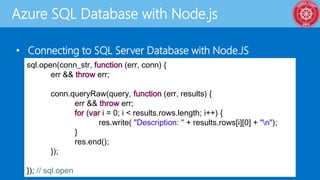 Azure SQL Database with Node.js
• Connecting to SQL Server Database with Node.JS
sql.open(conn_str, function (err, conn) {
err && throw err;
conn.queryRaw(query, function (err, results) {
err && throw err;
for (var i = 0; i < results.rows.length; i++) {
res.write( "Description: " + results.rows[i][0] + "n");
}
res.end();
});
}); // sql.open
 