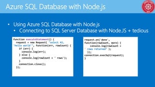 Azure SQL Database with Node.js
• Using Azure SQL Database with Node.js
• Connecting to SQL Server Database with Node.JS + tedious
function executeStatement() {
request = new Request( "select 42,
'hello world'", function(err, rowCount) {
if (err) {
console.log(err);
} else {
console.log(rowCount + ' rows');
}
connection.close();
});
request.on('done',
function(rowCount, more) {
console.log(rowCount +
' rows returned‘ );
});
connection.execSql(request);
}
 