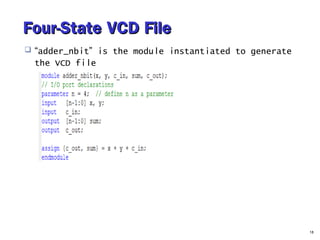 Four-State VCD FileFour-State VCD File
 “adder_nbit” is the module instantiated to generate
the VCD file
18
 