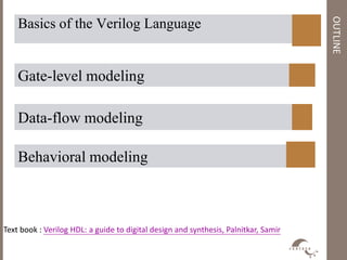 OUTLINE
Gate-level modeling
Data-flow modeling
Behavioral modeling
Basics of the Verilog Language
Text book : Verilog HDL: a guide to digital design and synthesis, Palnitkar, Samir
 