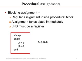 Digital Design of Signal Processing Systems, John Wiley & Sons by Dr. Shoab A. Khan
Procedural assignments
 Blocking assignment =
 Regular assignment inside procedural block
 Assignment takes place immediately
 LHS must be a register
always
begin
A = B
B = A
end
A=B, B=B
57
 