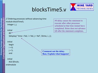 blocksTime5.v
// Ordering processes without advancing time
module blockTime5;                                         #0 delay causes the statement to
                                                           execute after other processes
  integer i, j;
                                                           scheduled at that time instant have
                                                           completed. $time does not advance
 initial                                                   till after the statement completes.
   #0
   $display( "time = %d, i = %d, j = %d", $time, i, j );

 initial
   begin
   i = 0;
   j = 5;                                    Comment out the delay.
   end                                       Run. Explain what happens!

 initial
   #10 $finish;
endmodule
 