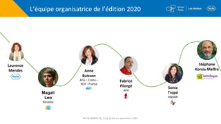 L’équipe organisatrice de l’édition 2020
Magali
Leo
Renaloo
Laurence
Mendes Anne
Buisson
AFA – Crohn –
RCH - France
Fabrice
Pilorgé
AFH
Sonia
Tropé
ANDAR
Stéphane
Korsia-Meffre
Iatrologos
M-FR-00005179_V1.0_Etabli en septembre 2021
 