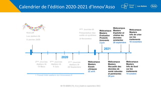 Kick-off
Les ateliers IA
9 Janvier 2020
2ème Journée
Ateliers IA
10 Mars
3ème Journée
Ateliers IA
9 Juin
4ème Journée
Ateliers IA
29 Septembre
+ Travail inter-ateliers sur Innovasso.fr
7ème Journée IA
Présentation des
outils et synthèse
19 Novembre
Webcampus
Masters
Essais
cliniques
22 avril
2020
2021
Calendrier de l’édition 2020-2021 d’Innov’Asso
Webcampus
Masters
Evaluation
Produits
Innovants
3 juin
Webcampus
Masters
Recueillir des
données de
santé robustes
et pertinentes
29 juin
Webcampus
Masters
Exploiter et
chaîner les
données
existantes
28 septembre
Webcampus
Masters
Info de crise
sur les
traitements
18 novembre
Webcampus
Masters
Info de fond
sur les
traitements
14 octobre
M-FR-00005179_V1.0_Etabli en septembre 2021
 