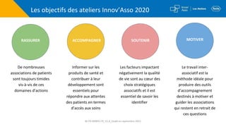 Les objectifs des ateliers Innov’Asso 2020
RASSURER ACCOMPAGNER SOUTENIR MOTIVER
De nombreuses
associations de patients
sont toujours timides
vis-à-vis de ces
domaines d’actions
Informer sur les
produits de santé et
contribuer à leur
développement sont
essentiels pour
répondre aux attentes
des patients en termes
d’accès aux soins
Les facteurs impactant
négativement la qualité
de vie sont au cœur des
choix stratégiques
associatifs et il est
essentiel de savoir les
identifier
Le travail inter-
associatif est la
méthode idéale pour
produire des outils
d’accompagnement
destinés à motiver et
guider les associations
qui restent en retrait de
ces questions
M-FR-00005179_V1.0_Etabli en septembre 2021
 