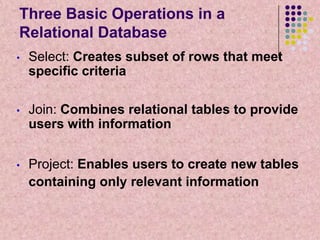 Three Basic Operations in a
Relational Database
•

Select: Creates subset of rows that meet
specific criteria

•

Join: Combines relational tables to provide
users with information

•

Project: Enables users to create new tables
containing only relevant information

 