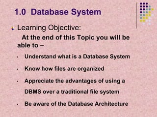 1.0 Database System
Learning Objective:
At the end of this Topic you will be
able to –
•

Understand what is a Database System

•

Know how files are organized

•

Appreciate the advantages of using a
DBMS over a traditional file system

•

Be aware of the Database Architecture

 