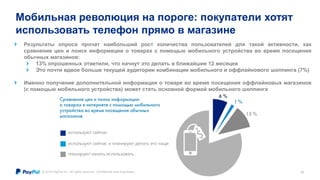 © 2014 PayPal Inc. All rights reserved. Confidential and proprietary. 
16 
Мобильная революция на пороге: покупатели хотят 
использовать телефон прямо в магазине 
Результаты опроса прочат наибольший рост количества пользователей для такой активности, как 
сравнение цен и поиск информации о товарах с помощью мобильного устройства во время посещения 
обычных магазинов: 
13% опрошенных ответили, что начнут это делать в ближайшие 12 месяцев 
Это почти вдвое больше текущей аудитории комбинации мобильного и оффлайнового шоппинга (7%) 
Именно получение дополнительной информации о товаре во время посещения оффлайновых магазинов 
(с помощью мобильного устройства) может стать основной формой мобильного шоппинга 
 
