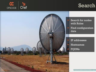 http://www.flickr.com/photos/kathycsus/2686772625 IP addresses Hostnames FQDNs Search for nodes with Roles Find configuration data Search 