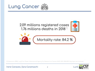 Lung Cancer
Mortality rate: 84.2 %
2.09 millions registered cases
1.76 millions deaths in 2018[1]
[1] Globocan. (2018). Lung Fact Sheet. International Agency for Research on Cancer, WHO, 876, 2018–2019. http://gco.iarc.fr/today
2Irene Canavesi, Sara Caramaschi LunS
 