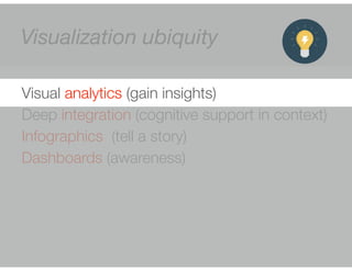 Visualization ubiquity 
Visual analytics (gain insights) 
Deep integration (cognitive support in context) 
Infographics (tell a story) 
Dashboards (awareness) 
! 
 
