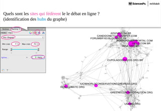 Quels sont les sites qui fédèrent le le débat en ligne ?
(identification des hubs du graphe)
 