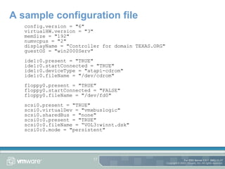 A sample configuration file config.version = &quot;6&quot; virtualHW.version = &quot;3&quot; memSize = &quot;192&quot; numvcpus = &quot;2&quot; displayName = &quot;Controller for domain TEXAS.ORG&quot; guestOS = &quot;win2000Serv&quot; ide1:0.present = &quot;TRUE&quot; ide1:0.startConnected = &quot;TRUE&quot; ide1:0.deviceType = &quot;atapi-cdrom&quot; ide1:0.fileName = &quot;/dev/cdrom&quot; floppy0.present = &quot;TRUE&quot; floppy0.startConnected = &quot;FALSE&quot; floppy0.fileName = &quot;/dev/fd0&quot; scsi0.present = &quot;TRUE&quot; scsi0.virtualDev = &quot;vmxbuslogic&quot; scsi0.sharedBus = &quot;none&quot; scsi0:0.present = &quot;TRUE&quot; scsi0:0.fileName = “VOL3:winnt.dsk&quot; scsi0:0.mode = &quot;persistent&quot; 