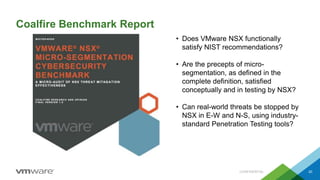 Coalfire Benchmark Report
CONFIDENTIAL 20
• Does VMware NSX functionally
satisfy NIST recommendations?
• Are the precepts of micro-
segmentation, as defined in the
complete definition, satisfied
conceptually and in testing by NSX?
• Can real-world threats be stopped by
NSX in E-W and N-S, using industry-
standard Penetration Testing tools?
 