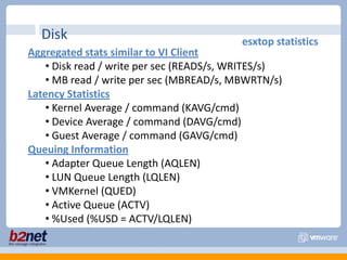 Disk                                    esxtop statistics
Aggregated stats similar to VI Client
    • Disk read / write per sec (READS/s, WRITES/s)
    • MB read / write per sec (MBREAD/s, MBWRTN/s)
Latency Statistics
    • Kernel Average / command (KAVG/cmd)
    • Device Average / command (DAVG/cmd)
    • Guest Average / command (GAVG/cmd)
Queuing Information
    • Adapter Queue Length (AQLEN)
    • LUN Queue Length (LQLEN)
    • VMKernel (QUED)
    • Active Queue (ACTV)
    • %Used (%USD = ACTV/LQLEN)
 