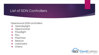 List of SDN Controllers
Opensource SDN controllers
● Opendaylight
● OpenContrail
● Floodlight
● Ryu
● FlowVisor
● Beacon
● vneio/sdnc
● Cherry
 