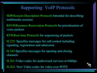 Supporting  VoIP Protocols SDP(Session Description Protocol)  Intended for describing multimedia sessions RSVP(Resource Reservation Protocol)  for prioritization of voice packets RTP(Real time Protocol)  for sequencing of packets H.225 : Specifies messages for call control including signaling, registration and admission H.245 -Specifies messages for opening and closing channels H.261 -Video codec for audiovisual services at 64kbps H.263 - New Video codec for video over POTS 