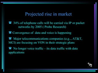 Projected rise in market  34% of telephone calls will be carried via IP or packet  networks by 2005 ( Probe Research) Convergence of  data and voice is happening Major telecommunications companies (e.g.., AT&T,  MCI) are focusing on VON in their strategic plans  No longer voice traffic – its data traffic with data applications 