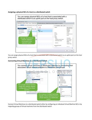Assigning a physical NIC of a host to a distributed switch
You can assign physical NICs of a host that is associated with a distributed switch to an uplink port on the host
proxy switch.
Connecting Virtual Machines to a Distributed Switch
Connect Virtual Machines to a distributed switch either by configuring an individual Virtual Machine NIC or by
migrating groups of Virtual machines from the distributed switch.
 