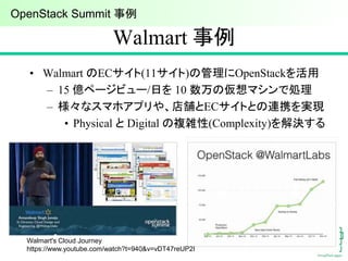 Walmart 事例
• Walmart のECサイト(11サイト)の管理にOpenStackを活用
– 15 億ページビュー/日を 10 数万の仮想マシンで処理
– 様々なスマホアプリや、店舗とECサイトとの連携を実現
• Physical と Digital の複雑性(Complexity)を解決する
Walmart's Cloud Journey
https://www.youtube.com/watch?t=940&v=vDT47reUP2I
OpenStack Summit 事例
 
