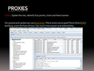 GOAL: Spider the site, identify fuzz points, chain and feed scanner.


For proxies and spidering I use Burp Suite. There exists some good Paros forks (ZAP)
but Burp, even the free version, has much more power and extensibility.
 