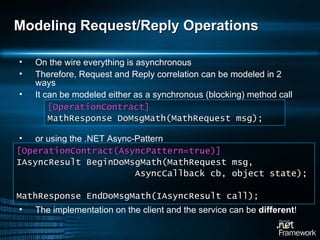 Modeling Request/Reply Operations On the wire everything is asynchronous Therefore, Request and Reply correlation can be modeled in 2 ways It can be modeled either as a synchronous (blocking) method call or using the .NET Async-Pattern The implementation on the client and the service can be  different ! [OperationContract] MathResponse DoMsgMath(MathRequest msg); [OperationContrac t(AsyncPattern=true) ] IAsyncResult BeginDoMsgMath(MathRequest msg,  AsyncCallback cb, object state ) ; MathResponse EndDoMsgMath(IAsyncResult call); 