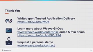 34
34
Whitepaper: Trusted Application Delivery
https://bit.ly/3A0JMOe
Learn more about Weave GitOps
www.weave.works/enterprise and a 5 min demo
https://youtu.be/aqJaHNCz2lM
Request a personal demo
www.weave.works/contact
Thank You
 