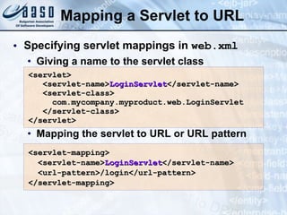 Mapping a Servlet to URL Specifying servlet mappings in  web.xml Giving a name to the servlet class Mapping the servlet to URL or URL pattern <servlet> <servlet-name> LoginServlet </servlet-name> <servlet-class> com.mycompany.myproduct. web. LoginServlet </servlet-class> </servlet> <servlet-mapping> <servlet-name> LoginServlet </servlet-name> <url-pattern>/login</url-pattern> </servlet-mapping> 