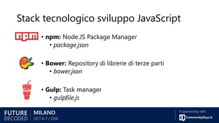 Stack tecnologico sviluppo JavaScript
• npm: Node.JS Package Manager
• package.json
• Bower: Repository di librerie di terze parti
• bower.json
• Gulp: Task manager
• gulpfile.js
 