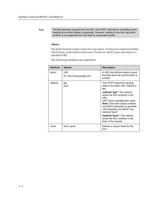 Developer’s Guide SoundPoint IP / SoundStation IP




                      Note           The Microbrowser supports both the GET and POST methods for submitting forms.
                                     Nesting forms within tables is supported. However, nesting of one form tag within
                                     another is not supported and may lead to unexpected results.


                                    <form>
                                    The form element creates a form for user input. A form can contain text fields,
                                    check boxes, radio buttons and more. Forms are used to pass user data to a
                                    specified URL.
                                    The following attributes are supported:

                                  Attribute         Value/s                         Description

                                  action            URL                             A URL that defines where to send
                                                    Ex: http://www.google.com       the data when the submit button is
                                                                                    pushed

                                  method            get                             The HTTP method for sending
                                                    post                            data to the action URL. Default is
                                                                                    get.
                                                                                    method="get": This method
                                                                                    sends the form contents in the
                                                                                    URL:
                                                                                    URL?name=value&name=value.
                                                                                    Note: If the form values contains
                                                                                    non-ASCII characters or exceeds
                                                                                    100 characters you MUST use
                                                                                    method="post".
                                                                                    method="post": This method
                                                                                    sends the form contents in the
                                                                                    body of the request.

                                  name              form_name                       Defines a unique name for the
                                                                                    form




2-4
 