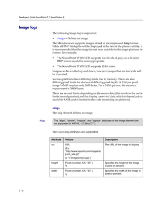 Developer’s Guide SoundPoint IP / SoundStation IP




Image Tags
                                    The following image tag is supported:

                                    •     <img>—Defines an image
                                    The Microbrowser supports images stored in uncompressed .bmp format.
                                    While all BMP bit depths will be displayed to the best of the phone’s ability, it
                                    is recommended that the image format most suitable for the target platform be
                                    chosen. For example:

                                    •     The SoundPoint IP 601 LCD supports four levels of grey, so a 16-color
                                          BMP format would be most appropriate.

                                    •     The SoundPoint IP 670 LCD supports 12-bit color.
                                    Images can be scrolled up and down, however images that are too wide will
                                    be truncated.
                                    Various platforms have differing limits due to memory. There are also
                                    differing pixel limits for devices of differing pixel depth. A 1 bit per pixel
                                    image 160x80 requires only 1600 bytes. For a 24 bit picture, the memory
                                    requirement is 38400 bytes.
                                    There are several limits depending on the source data (this involves the cache
                                    limits in configuration) and the display converted data, which is dependant on
                                    available RAM (and is limited in the code depending on platform).


                                    <img>
                                    The img element defines an image.


                      Note           The "align", "border", "hspace", and "vspace" attributes of the image element are
                                     not supported in XHTML 1.0 Strict DTD.


                                    The following attributes are supported:

                                  Attribute         Value/s                            Description

                                  src               URL                                The URL of the image to display
                                                    (Ex:
                                                    “http://www.topxml.com/images/to
                                                    pxml_site.gif”
                                                    or ”c:imagesimg1.jpg” )

                                  height            Pixels (number, EX: “30” )         Specifies the height of the image
                                                    %                                  in pixel or percent.

                                  width             Pixels (number, EX: “30” )         Specifies the width of the image in
                                                    %                                  pixel or percent.




2-6
 