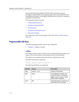 Developer’s Guide SoundPoint IP / SoundStation IP



                                    The SoundPoint IP/SoundStation IP XML API is intended to provide
                                    developers with flexibility in developing applications on SoundPoint IP and
                                    SoundStation IP phones, while tightly integrating into the phone’s telephony
                                    capabilities and functions.
                                    This expanded support includes:

                                    •     Programmable Soft Keys

                                    •     Telephone Integration URIs

                                    •     Push Requests

                                    •     Telephony Notification Events

                                    •     Phone State Polling
                                    For a discussion of the security aspects of this API, refer to API Security on
                                    page 2-32.


Programmable Soft Keys
                                    The following programmable soft key tag is supported:

                                    •     <softkey>—Defines a soft key


                                    <softkey>
                                    The softkey element creates a soft key with a customizable label, position, and
                                    action. Users execute actions by pressing the soft key on their phone.
                                    The soft keys are modified within the interactive Microbrowser only.
                                    The following format is supported:

                                    <softkey index="X" label="Y" action="Z" />

                                    The following attributes are supported:

                                  Attribute         Value/s                       Description

                                  index             numeric, 1 to 8               Position of the soft key.

                                  label             string                        Text displayed on soft key. The
                                                                                  maximum length is 9 characters.
                                                                                  Note: If empty or absent, default
                                                                                  action name is displayed.

                                  action            URI                           Supported actions (must be one of
                                                                                  those listed in the next table).




2 - 14
 