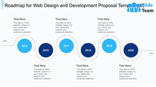 Roadmap for Web Design and Development Proposal Template (6)
36
2018
2017
2016
2015
2020
2019
Start
End
Text Here
This slide is 100%
editable. Adapt it to
your needs and
capture your
audience's attention.
Text Here
This slide is 100%
editable. Adapt it to
your needs and
capture your
audience's attention.
Text Here
This slide is 100%
editable. Adapt it to
your needs and
capture your
audience's attention.
Text Here
This slide is 100%
editable. Adapt it to
your needs and
capture your
audience's attention.
Text Here
This slide is 100%
editable. Adapt it to
your needs and
capture your
audience's attention.
Text Here
This slide is 100%
editable. Adapt it to
your needs and
capture your
audience's attention.
 