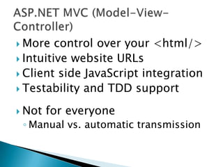 The Three Styles“Visual”drag and drop GUI/Web UI buildersetting properties via forms and check boxes“Declarative”entering definitions of controls and propertiesusing an XML based markup language“Programmatic”plain old fashioned (but OO) codeallows for more dynamic interactions