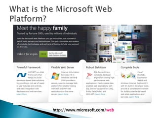 Recent DevelopmentsRecent enhancements includeAJAXjQuerySilverlight/Moonlight (Flash competitor)LINQ (Hibernate competitor)MVC (Struts competitor)Dynamic Data (Ruby on Rails competitor)Chart controlsLINQ in particular uses new C# language features