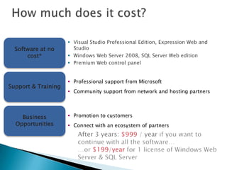 Web Platform InstallerMakes it simple for anyone using Windows Client or Server to design, develop, discover, deploy and run web applications:Install the latest versions of FREE Microsoft Web Platform tools, web server and extensions, database and frameworksStay up-to-date and explore what’s newRuns on Windows XP, Windows Vista, Windows Server 2003 and Windows Server 2008, Windows 7, and Windows 2008 R2