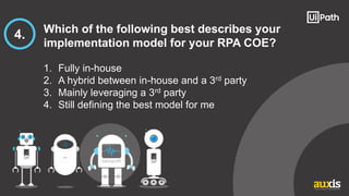 1. Fully in-house
2. A hybrid between in-house and a 3rd party
3. Mainly leveraging a 3rd party
4. Still defining the best model for me
4. Which of the following best describes your
implementation model for your RPA COE?
 