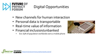 Digital Opportunities
• New channels for human interaction
• Personal data is transportable
• Real-time value of information
• Financial inclusion/unbanked
• Est. 63% of population worldwide owns a mobile phone
https://creativecommons.org/licenses/by-sa/4.0/
 