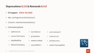66 Copyright © 2024, Oracle and/or its affiliates. All rights reserved.
Deprecations 8.2.0 & Removals 8.4.0
• 5.7 support EOL’d Oct 2023
• dba.configureLocalInstance()
• Cluster.checkInstanceState()
• Command options:
• ipWhitelist
• connectToPrimary
• clearReadOnly
• failoverConsistency
• multiMaster
• groupSeeds
• memberSslMode
• queryMembers
• user/password
• interactive
• waitRecovery
• updateTopologyMode
 