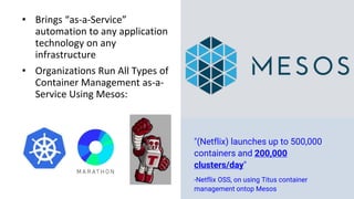 • Brings “as-a-Service”
automation to any application
technology on any
infrastructure
• Organizations Run All Types of
Container Management as-a-
Service Using Mesos:
"(Netflix) launches up to 500,000
containers and 200,000
clusters/day"
-Netflix OSS, on using Titus container
management ontop Mesos
 