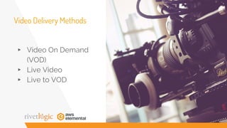 Video Delivery Methods
▸ Video On Demand
(VOD)
▸ Live Video
▸ Live to VOD
 
