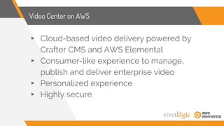 Video Center on AWS
▸ Cloud-based video delivery powered by
Crafter CMS and AWS Elemental
▸ Consumer-like experience to manage,
publish and deliver enterprise video
▸ Personalized experience
▸ Highly secure
 