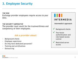 3. Employee Security
12
THE RISK
Exchange provider employees require access to your
data.
THE SECURITY IMPERATIVE
The provider must vouch for the trustworthiness and
competency of their employees.
Ask a provider about:
- Background checks
- Employee experience
- Do they have dedicated personnel?
- Training and certifications
- Outsourcing
Intermedia’s approach:
 Background checks
 Two-factor
authentication and
role-based access
control
 Restricted server
access
 