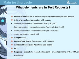 Main testing cycle
What elements are in Test Requests?
Resource/Method (for SOAP/REST requests) or EndPoint (for Web request)
A list of pre-defined parameters with values:
• Template parameters – <endpoint>/<path>/val1/val2
• Query parameters – <endpoint>/<path>?par1=val1&par2=val2
• Matrix parameters – <endpoint>/<path>;par1=val1,val2
• Header parameters – par1: val1
Accept Header
Content-Type Header (for requests with content)
Additional Headers and Assertions (see below)
Etc…
Response – a result of a request, which can be presented in XML, JSON, HTML or
Raw format
 