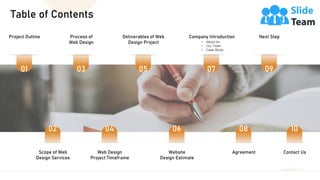 Table of Contents
3
Project Outline
01
Next Step
09
• About Us
• Our Team
• Case Study
Company Introduction
07
Deliverables of Web
Design Project
05
Process of
Web Design
03
Scope of Web
Design Services
02
Contact Us
10
Agreement
08
Website
Design Estimate
06
Web Design
Project Timeframe
04
 