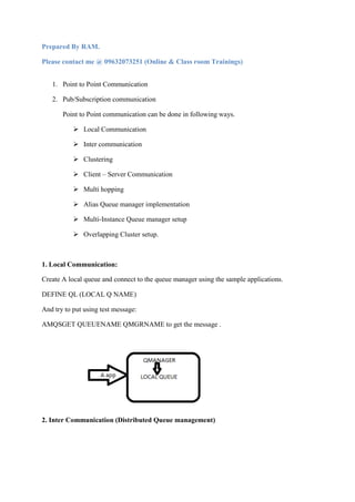 Prepared By RAM. 
Please contact me @ 09632073251 (Online  Class room Trainings) 
1. Point to Point Communication 
2. Pub/Subscription communication 
Point to Point communication can be done in following ways. 
 Local Communication 
 Inter communication 
 Clustering 
 Client – Server Communication 
 Multi hopping 
 Alias Queue manager implementation 
 Multi-Instance Queue manager setup 
 Overlapping Cluster setup. 
1. Local Communication: 
Create A local queue and connect to the queue manager using the sample applications. 
DEFINE QL (LOCAL Q NAME) 
And try to put using test message: 
AMQSGET QUEUENAME QMGRNAME to get the message . 
2. Inter Communication (Distributed Queue management) 
 