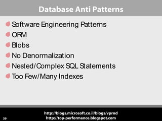 Database Anti Patterns
Software Engineering Patterns
ORM
Blobs
No Denormalization
Nested/Complex SQL Statements
Too Few/Many Indexes

39

http://blogs.microsoft.co.il/blogs/vprnd
http://top-performance.blogspot.com

 