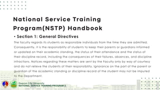 • Section 1: General Directives
The faculty regards its students as responsible individuals from the time they are admitted.
Consequently, it is the responsibility of students to keep their parents or guardians informed
or updated on their academic standing, the status of their attendance and the status of
their discipline record, including the consequences of their failures, absences, and discipline
infractions. Notices regarding these matters are sent by the Faculty only by way of courtesy
and do not relieve the students of their responsibility. Ignorance on the part of the parent or
guardian of the academic standing or discipline record of the student may not be imputed
to the Department.
 